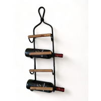 Wijnrek hangend metaal zwart met houten randen voor 4 flessen. Afmetingen 18x12x70 cm